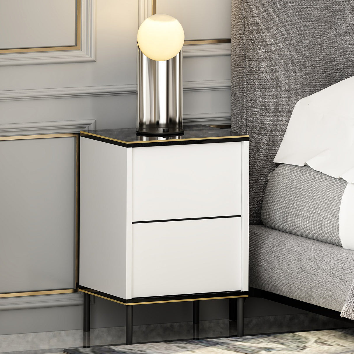 Noptiera Imaj - White Marble - Alb / Negru / Auriu