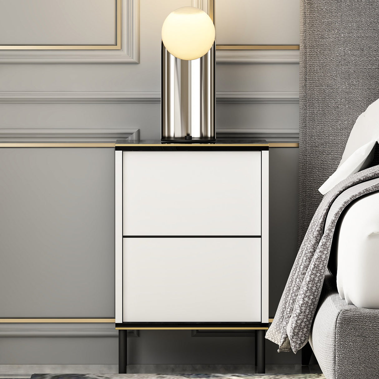 Noptiera Imaj - White Marble - Alb / Negru / Auriu