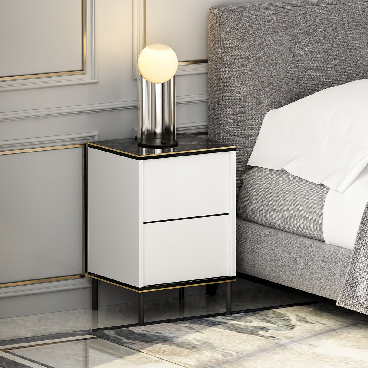 Noptiera Imaj - White Marble - Alb / Negru / Auriu