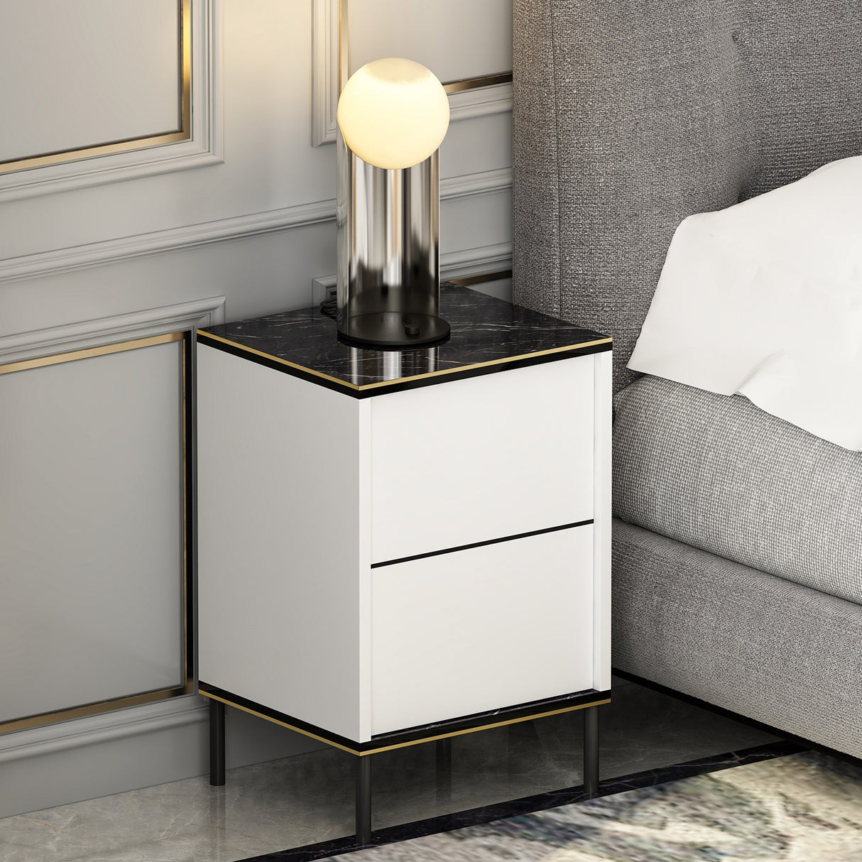 Noptiera Imaj - White Marble - Alb / Negru / Auriu