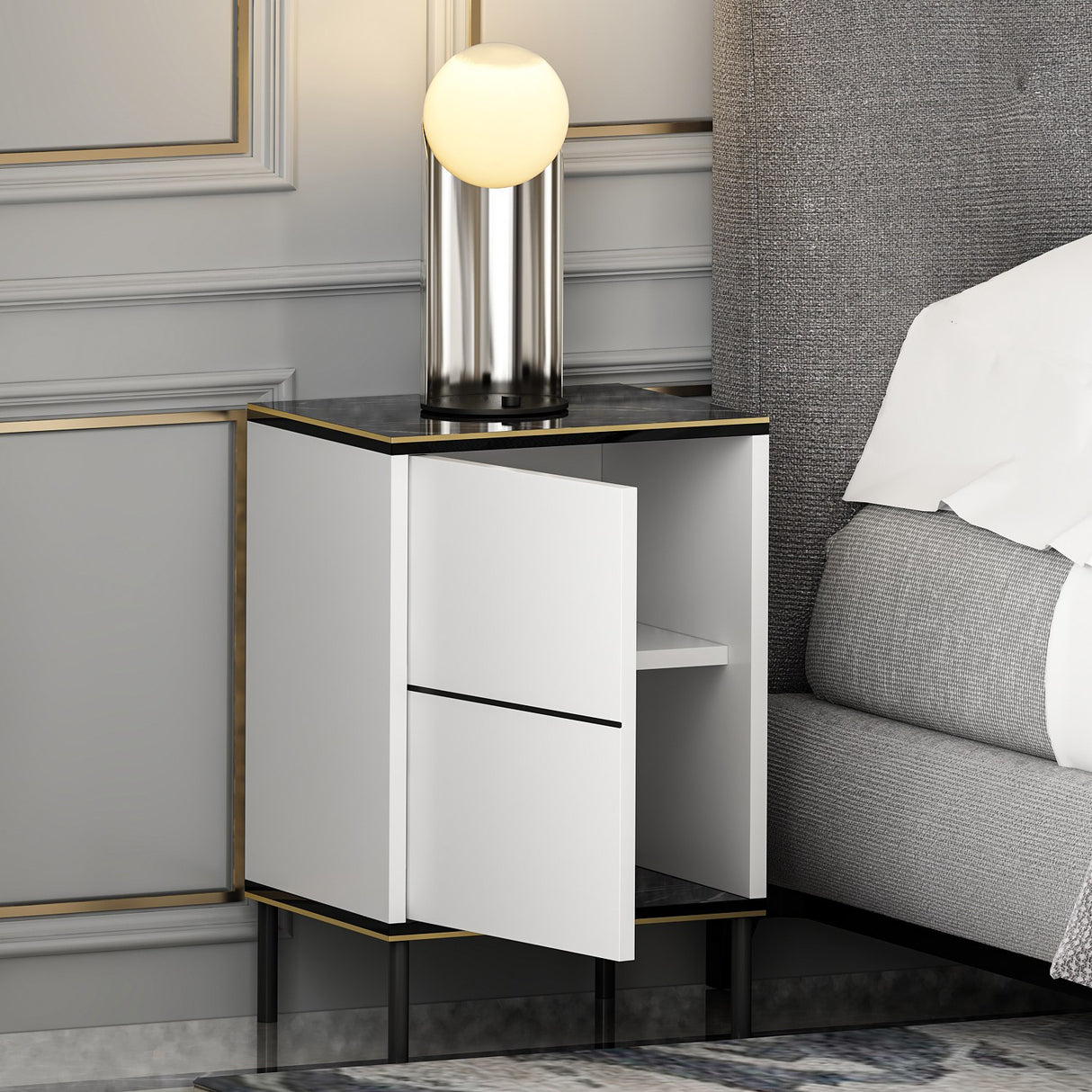 Noptiera Imaj - White Marble - Alb / Negru / Auriu