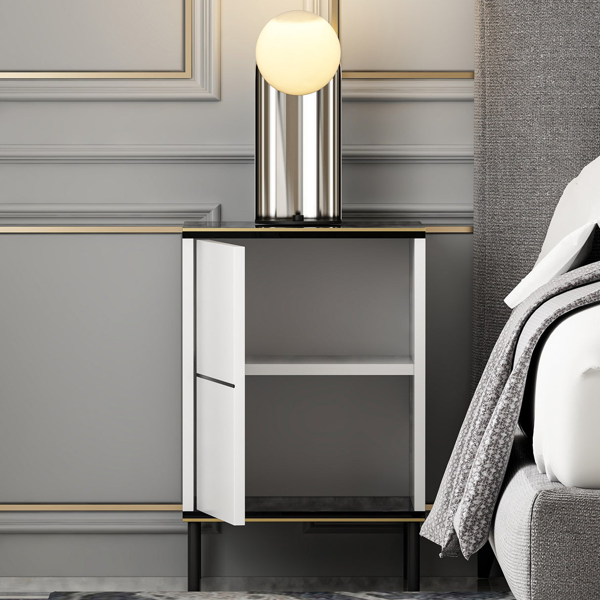 Noptiera Imaj - White Marble - Alb / Negru / Auriu