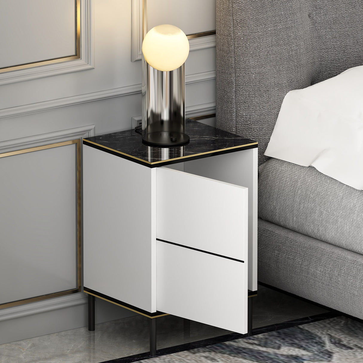 Noptiera Imaj - White Marble - Alb / Negru / Auriu