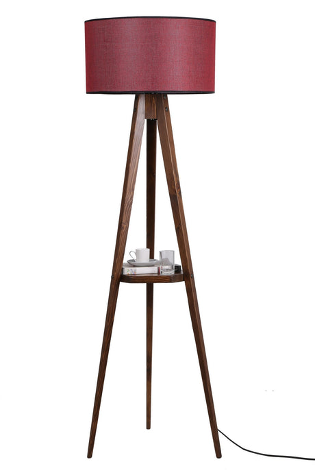 Lampadar Sehbali Tripod Ceviz Lambader Silindir Hasir Bordo Abajurlu - Nuc